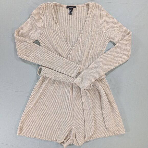 Forever 21 Pants - Forever 21 Beige Ribbed Long Sleeve Wrap Romper
